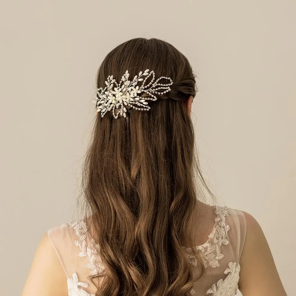 O562 Korean Style Ivory White Flowers Chains Bridal Hair Comb rhinestone wedding beaded decorative hair comb