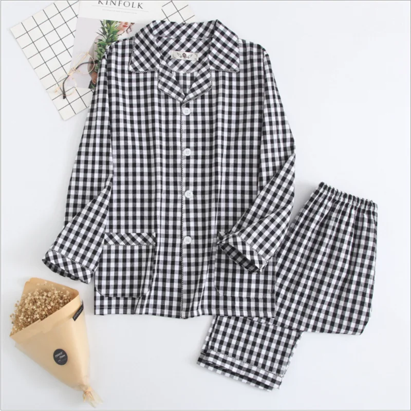 2024 Spring Autumn Men Casual Plaid Pajama Sets Male 100% Cotton Sleepwear Suit Long Sleeve Turn-down Collar Shirt & Pants