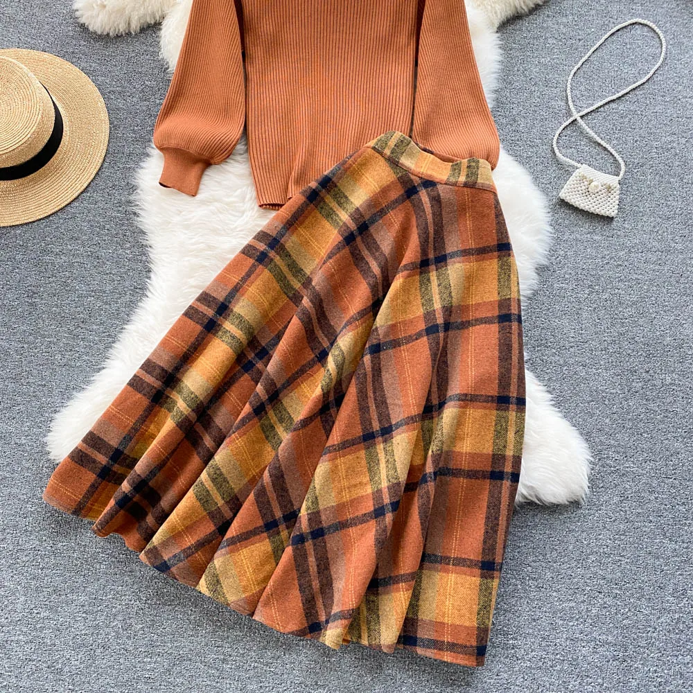 Women\'s Spring Autumn Runway Fashion Knitted Top Plaid Skirt 2 pcs Dress Female Chic Travel Party Dress TB2103