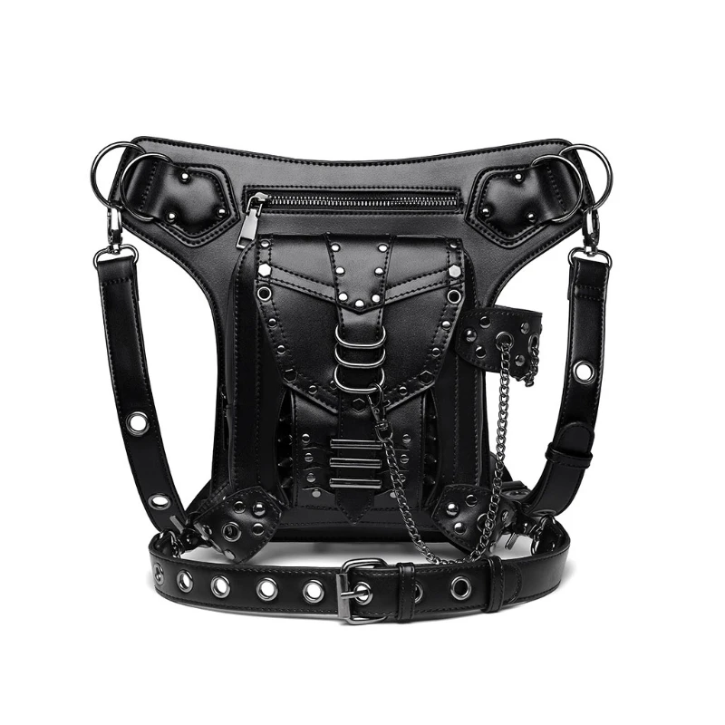 PU Leather Women Shoulder Bag Black Gothic Rock Steampunk Handbag Waist Pack Vintage Punk Shoulder Messenger Bag