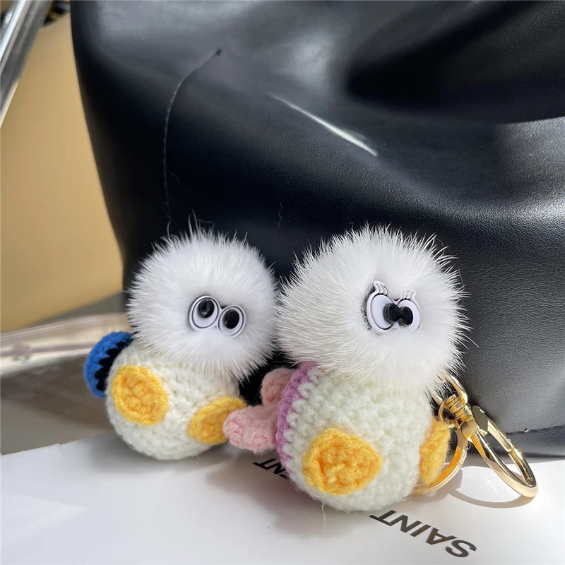 Plush Real Mink Fur Pompom Ball Keychain Soft Cute Duck Women Bag Charm Ornaments Pendant Car Keyrings Toy Trinket Birthday Gift