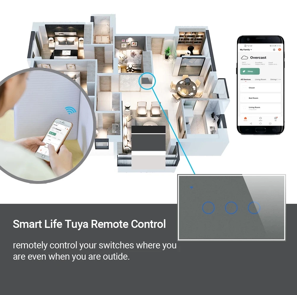 WiFi Smart Light Switch RF433 Transmitter Switch Smart Life Tuya App Control Works with Alexa Google Home EU US 2/3 Way