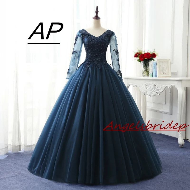 

Женское бальное платье ANGELSBRIDEP, тюль с длинным рукавом, пышное платье 15 Anos с аппликацией из бисера