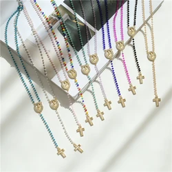 HECHENG,Christ Cross Necklace for Women,Stainless Steel Long Rosart Rainbow Stone Necklace,Virgin Mary Jewelry Wholesale