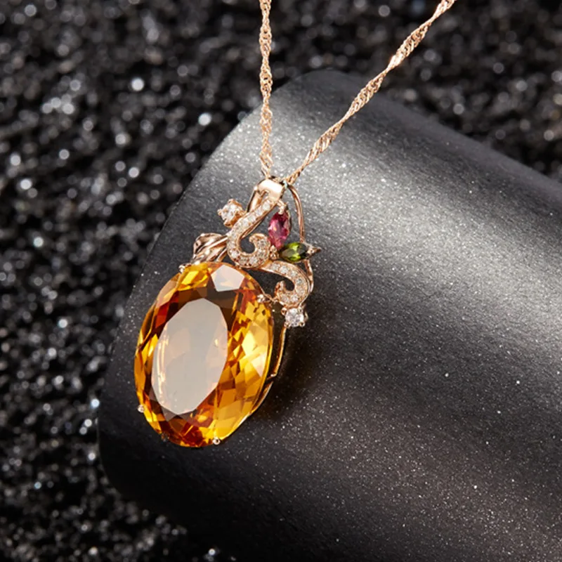 ZHFANGIYE Classic Necklace 925 Silver Jewelry with Oval Citrine Zircon Gemstone Pendant for Women Wedding Party Promise Gifts