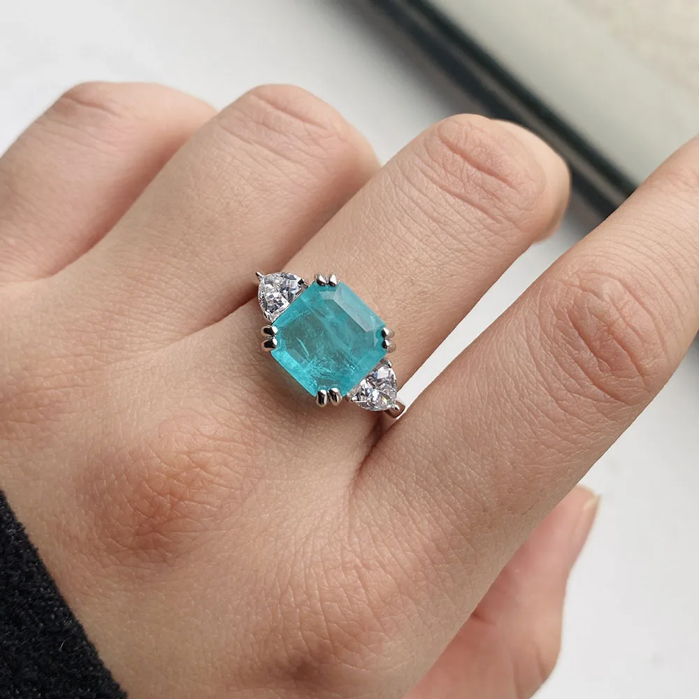 Anéis de prata esterlina 925 real, 10mm, pedra azul, aquamarine, paraiba, turmalina, alto carbono, joias, presentes para mulheres