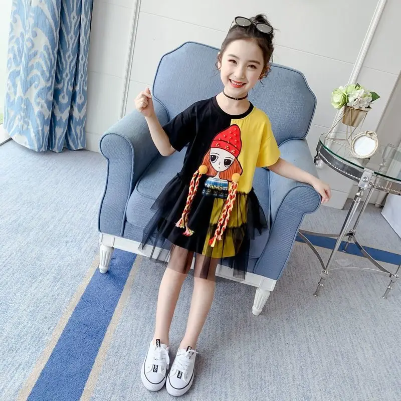 

2023 Girls Fashion Dresses Children Clothes Loose Short Sleeve Girl Print Mesh Patchwork Dress Summer Clothes 3 4 5 6 7 9 10 12Y