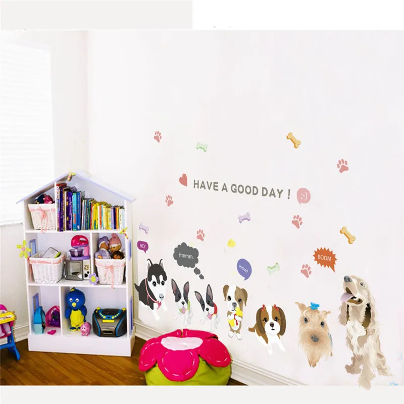 Lovely Dog Animal Wall Stickers For Kids Room Bedroom Decor Cartoon Puppy Mural Art Diy Pvc Home Decal