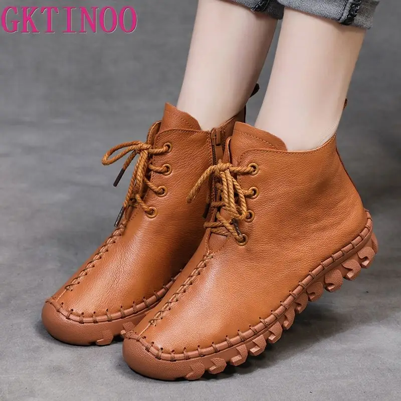 GKTINOO Winter Ankle Boots Women Genuine Leather Shoes Woman Autumn Rubber Boots Female Lace-Up Shoes Flat with Fur Botas Mujer