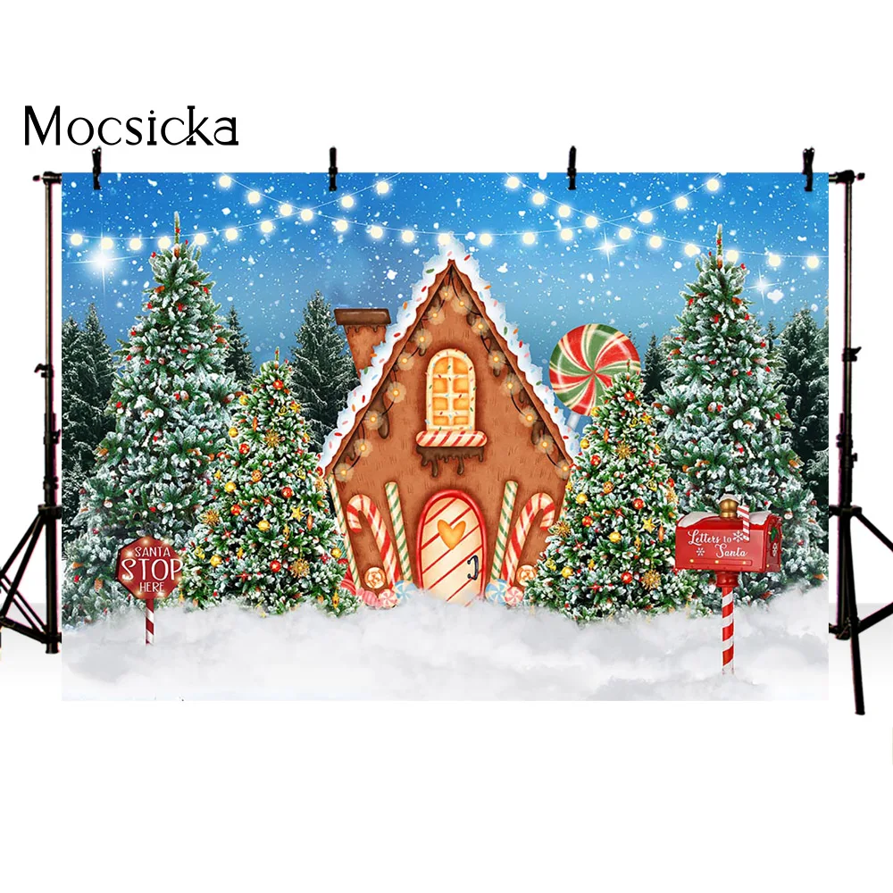 Fondo de Casa de pan de jengibre para fotografía de navidad, regalos de árbol de pino, ciervo, recién nacido, retrato de niños, fantasía, Candyland