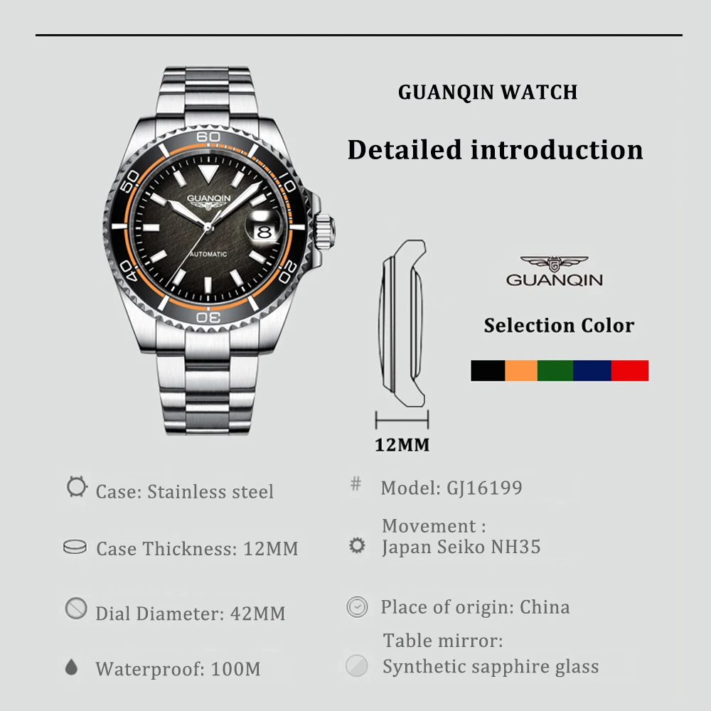 Guanqin Automatic Mechanical Watch NH35A Men\'s Watch Sapphire brand luxury Sports Watch Stainless Steel Waterproof NH35 2023 New