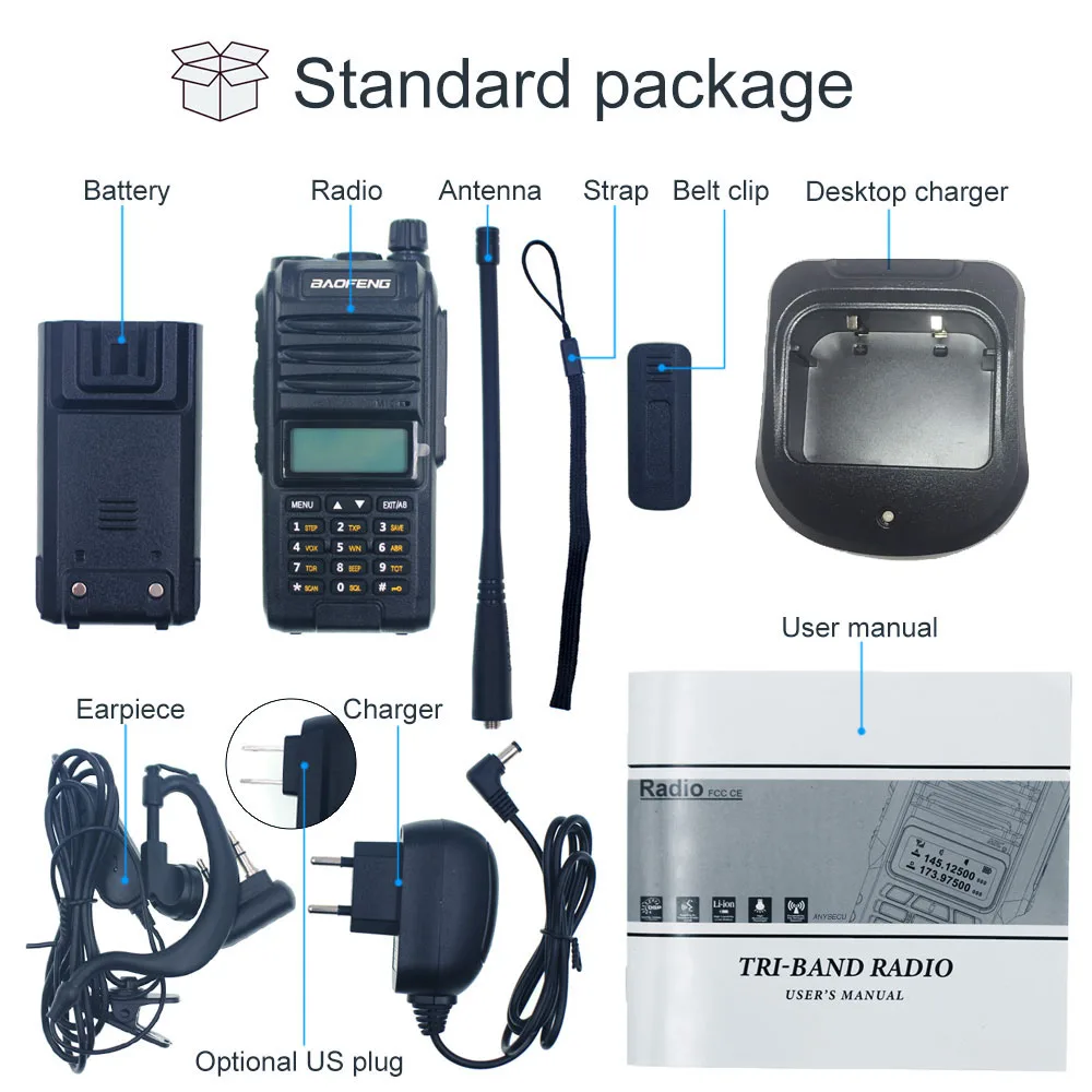 Baofeng-walkie-talkie de piezas, Radio portátil de 2 vías con auricular, transceptor Hf, FM, tribanda, 136-174/200-260/400-520MHz, 2 BF-A58S