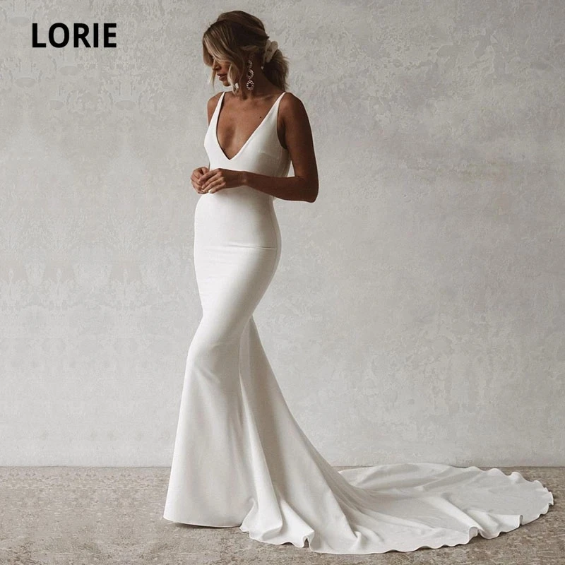 LORIE Sexy Mermaid Wedding Dresses Boho V-Neck Open Back Elastic Wedding Gown Simple Long Train Buttons Bridal Dress 2021