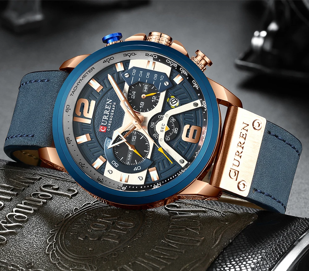 CURREN Neue männer Casual Sport Chronograph Blau Top Marke Luxus Military Leder Uhr Kalender Uhr Relogio Masculino – Detail 9