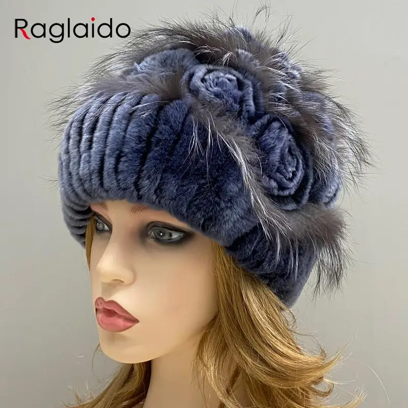 Knitted Hat Women Natural Fur Rex Rabbit Floral Cap Genuine Fur Fluffy Stylish Female Bonnets