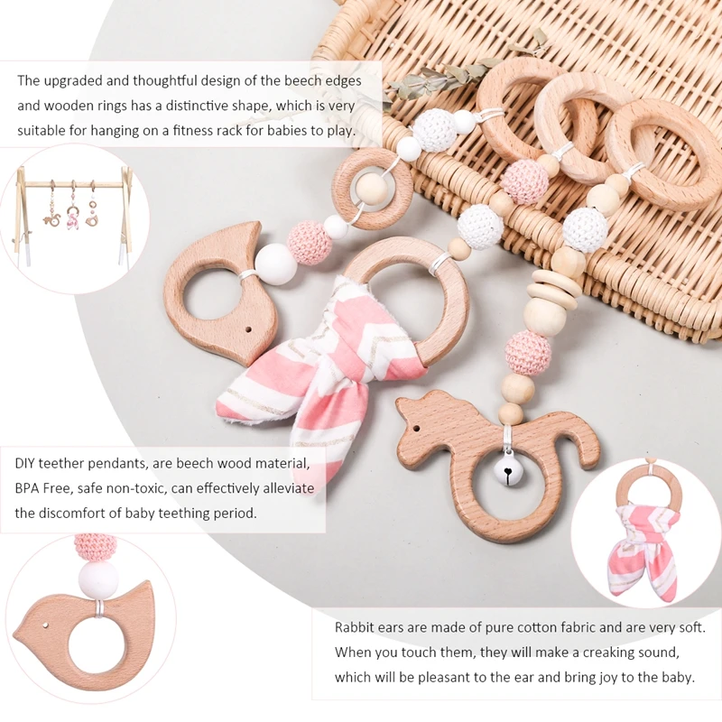 Let\'s Make 1set Baby Rattle Wooden Teether Bunny Ear Wood Beads Play Gym Wooden Toys Montessori Toy For Baby Activities Toys