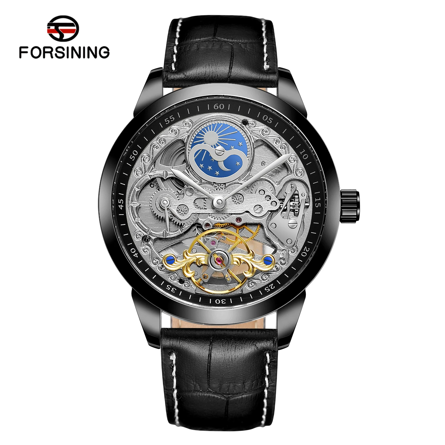 

FORSINING Men's and women's watches hollowed-out Flywheel Sun Mechanical Watch Circular belt Watch Black Watch