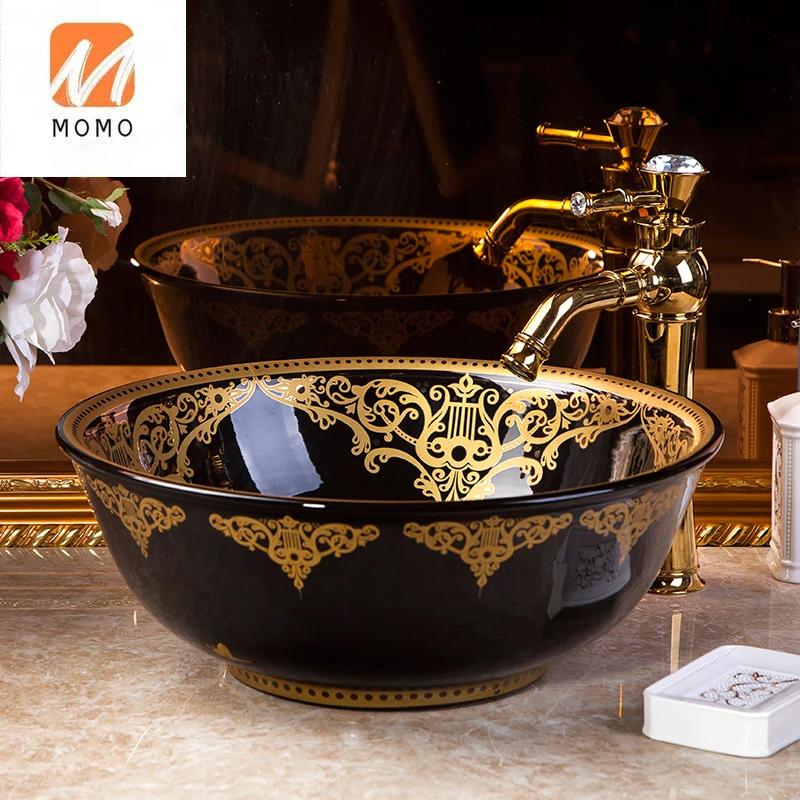 Round Jingdezhen Ceramic Sanitary Ware Art Hand Painted Black with Gold Pattern Ceramic Wash Basin Bathroom Sink