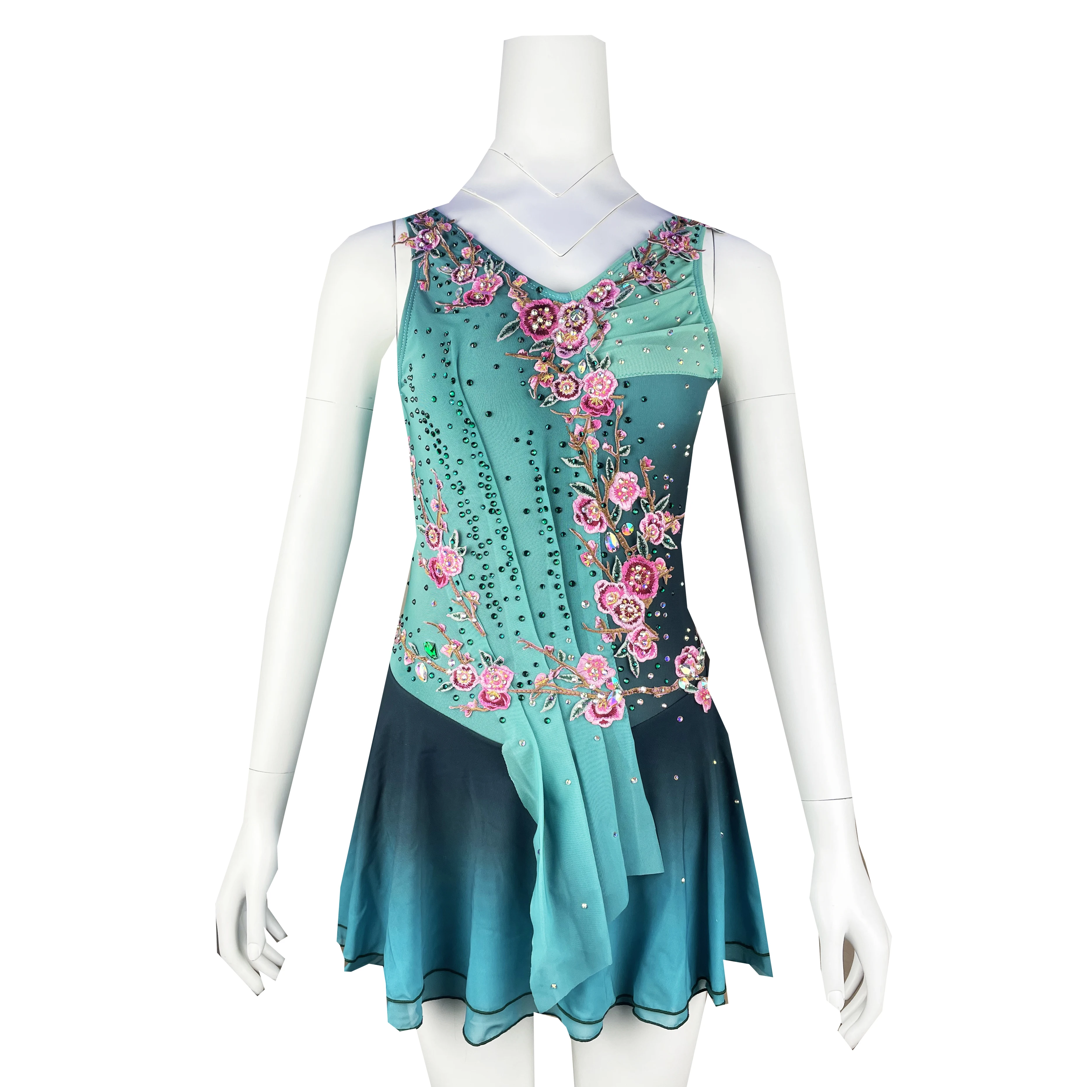 Green Figure Skating Dress Long-Sleeved Ice Skating Skirt Spandex