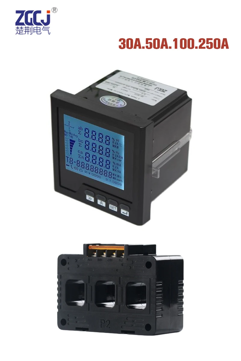 

RS485 Modbus-RTU 3 phase multifunction panel meter with 3 phase ampere sensor analyzer A,V,W,kWh,cos, Hz, Var power energy meter