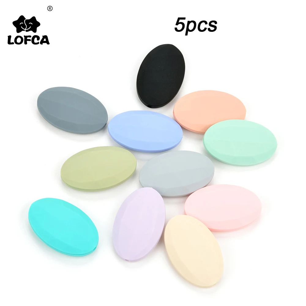 LOFCA 5pcs Silicone Beads BPA Free Flat Oval Shaped Baby Teethers Beads Teething Toy Accessories For Baby Chew Loose Beads