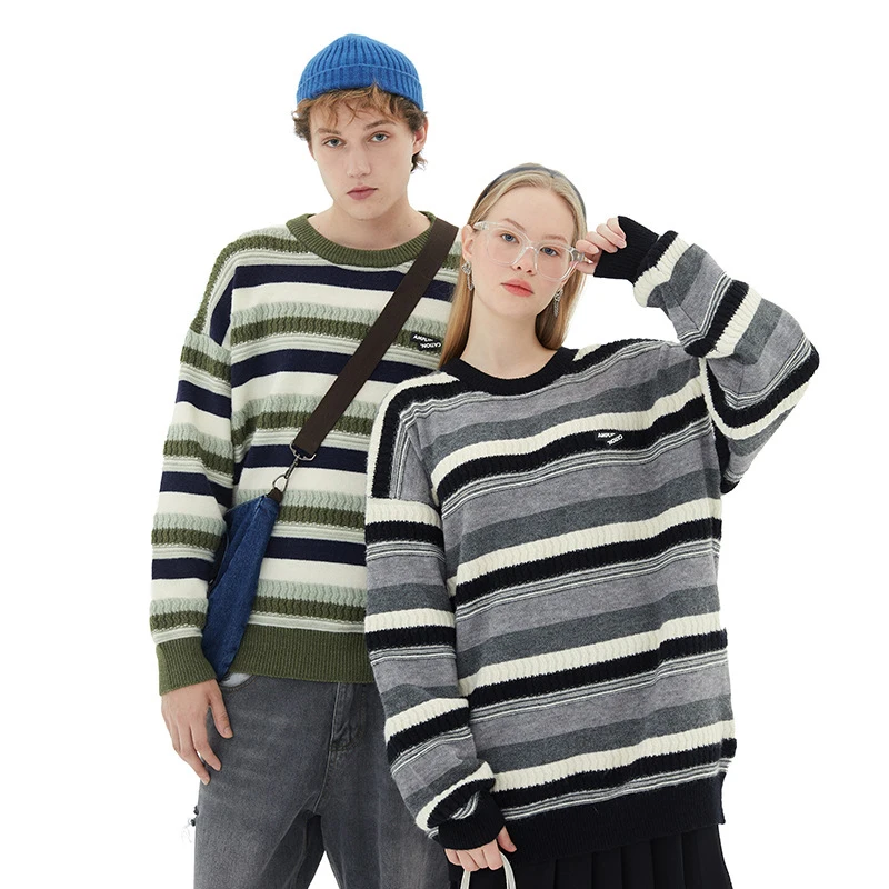 1372 Autumn Winter Men Ins Striped Sweater Youth Fashion Campus Casual Student Fresh Couple Unisex Long Sleeve Knitwear Pullover