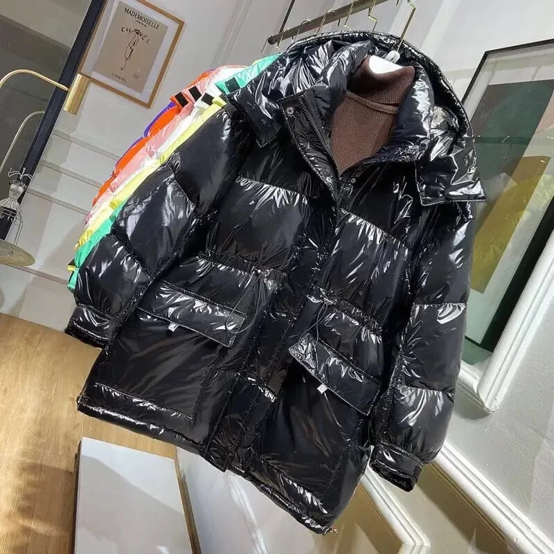 2021 winter Glossy Down Cotton Jacket Women Mid-length New Hooded Big Fur Collar Coat Thick Warm Snow Jackets Women Winter Coats