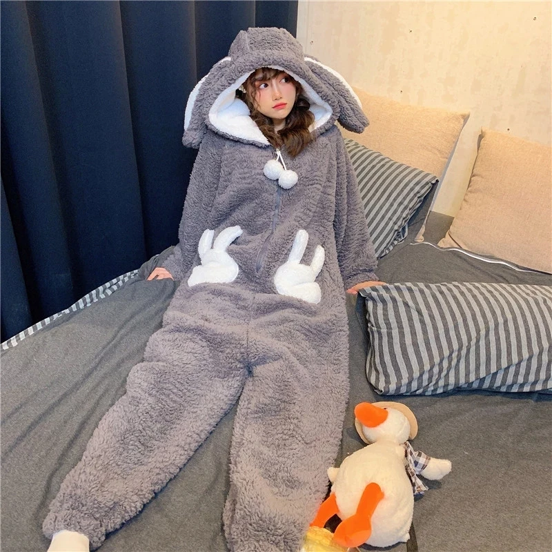 Cute Flannel Stitch Pajamas Winter Plus Velvet Warm Onesie Women\'s Sleepwear Unisex Rabbit Loose Thick Plush Hooded Homewear