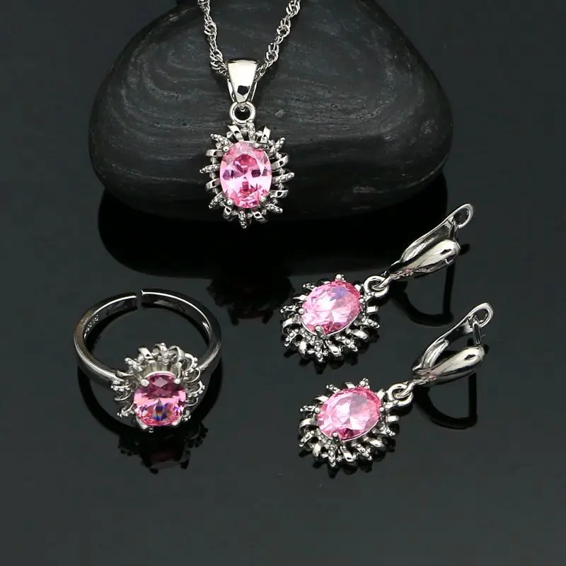 Oval Pendant Earrings Adjustable Ring Chain 925 Sterling Silver Jewelry Set Pink Stone Jewelry Classic Female Accessory