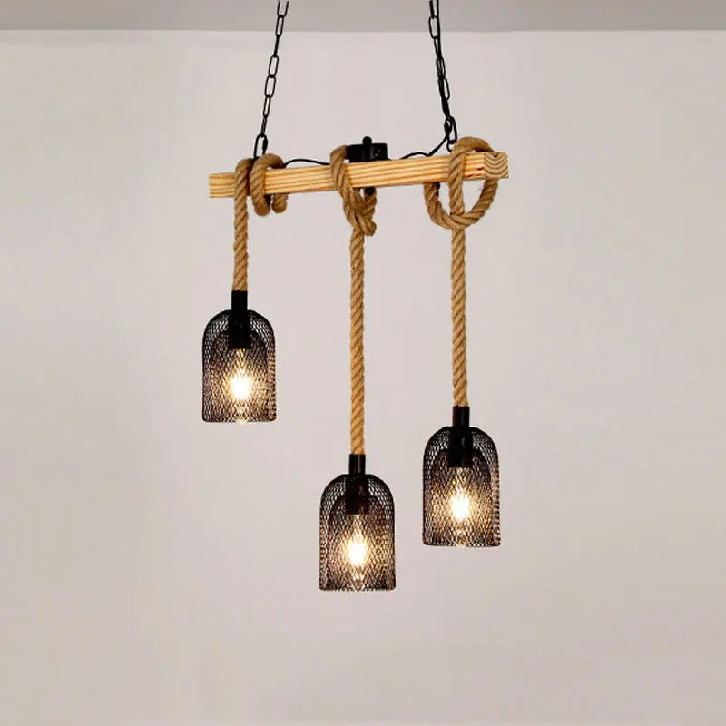 

Nordic Wood Light 3 Heads E27 Hanging Lamp Loft Iron Hemp Rope Pendant Lamp Restaurant Dining Room Kitchen Ceiling Chandelier