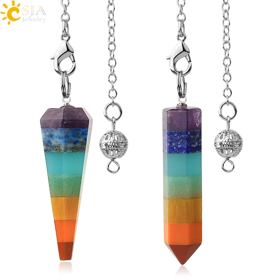 CSJA Reiki Charm Pyramid 7 Chakra Pendulum  Natural Gem Stone Rainbow Layered Dowsing Healing Point Pendant Chain Pendulum  E065