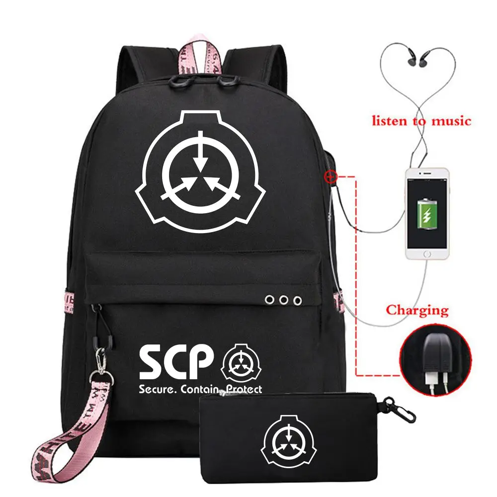 

2PCS SCP Foundation Backpack + Pencil Cases Student School Bag Bookbag Anime USB Travel Shoulder Laptop Bags For Boys Girls Teen