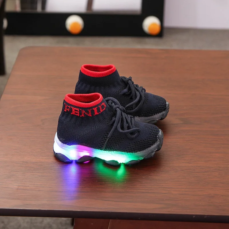 Fashion LED Children & Toddler Fly Shoes Breathable Slip-On Little Kids Sneakers Baby Girls & Boys Socks Shoes Size 21-30