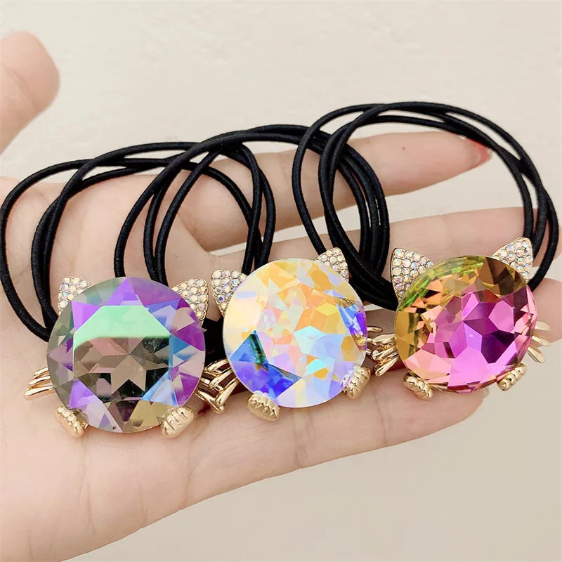 Cute Cat Hair Rope Crystal Rhinestone Black Hair Tie Simple Ponytail Head Rope