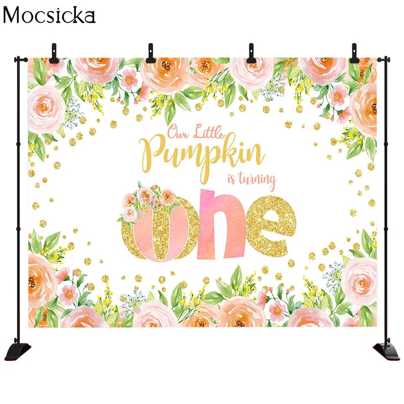 Mocsicka-핑크색 꽃 장식 스타일 1 살 생일 파티 사진 배경, 사진 배너