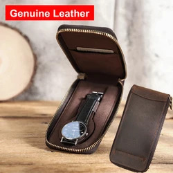 Genuine Leather Watch Storage Box Cow Leather Zipper Carrying Wristwatch Case Cover Organizer Pouch Protector Bag with Card Slot