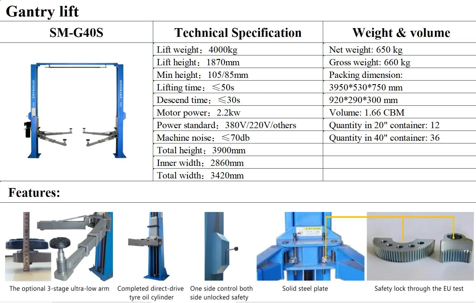 SM-G40 220V 2 post hydraulic gantry car lift equipment for auto repair equipment