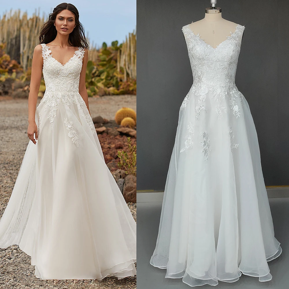 Abito da sposa da spiaggia con applicazioni in Tulle con scollo a v trasparente lunghezza del pavimento posteriore abito da sposa di lusso in pizzo principessa servizio fotografico su misura