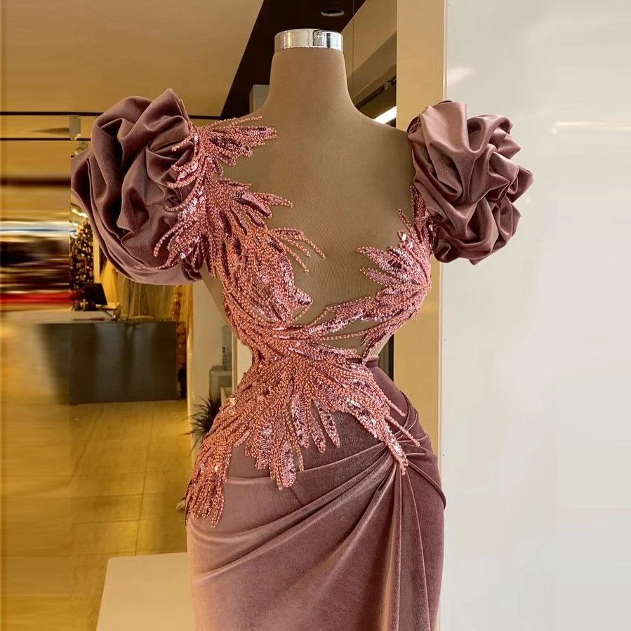 Robe de Rhsirène en velours rose pour femme, manches bouffantes, volants, paillettes, longue robe de soirée, col transparent, plis, robes de soirée