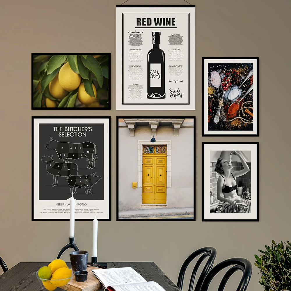 Red Wine Lemons Kitchen Poster Spices Butchers Woman Canvas Prints Wall Art Painting Pictures Dining Room Restaurant Decoration