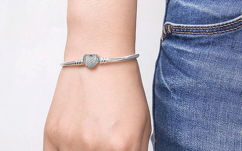 Big Sale Fine DIY Bracelet Bangle for women Original 100% 925 Sterling Silver Heart Clasp Snake Chain Fit Bead Bracelet Jewelry