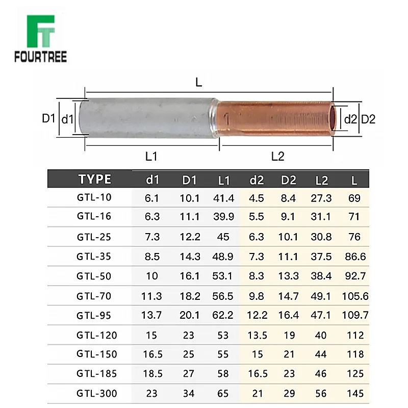 GTL Series Compression Copper Aluminum CU-AL Tube Bimetallic Crimp Terminal Cable Wire Connector Splice Sleeve Lug Ferrule