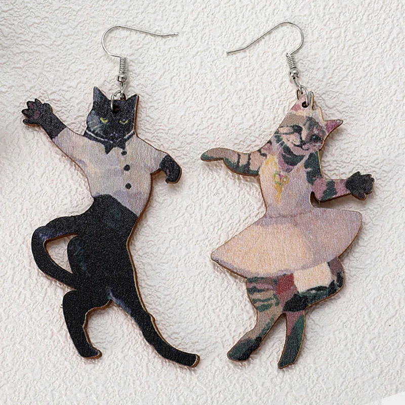 Colored Natural Wood Cow Rabbit Cat Drop Earrings for Women Trendy Chic Wooden Animal Earrings Christmas Jewelry Wholesale