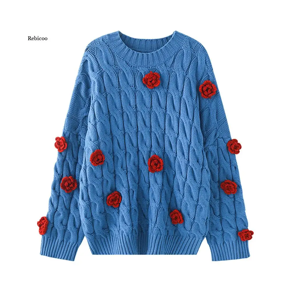 Autumn Winter Rose Handmade Crochet Thickened Twisted Flower Sweater Women's Lazy Style Pullover Top