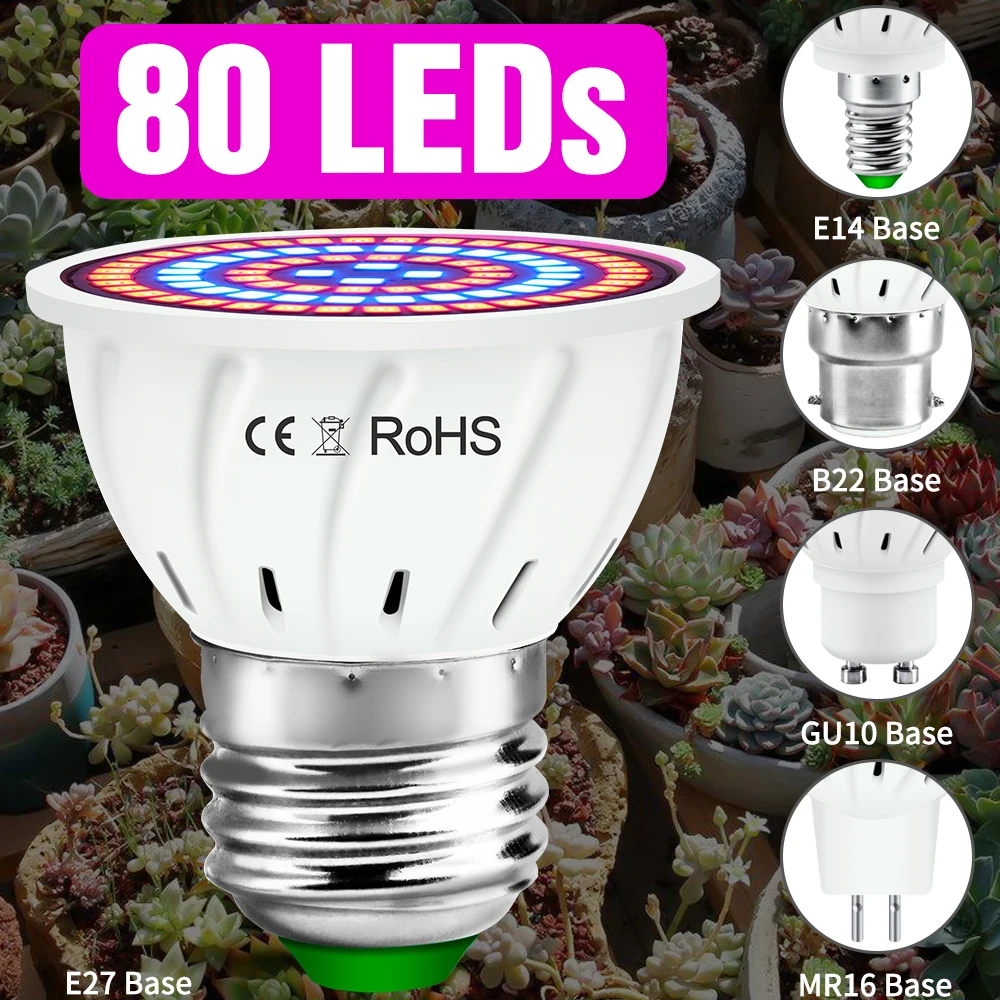 80LED E27 LED Grow Light E14 Full Spectrum Bulb GU5.3 Plant Growth Light 220V GU10 Phyto Lamp MR16 Grow Tent B22 Greenhouse 2835