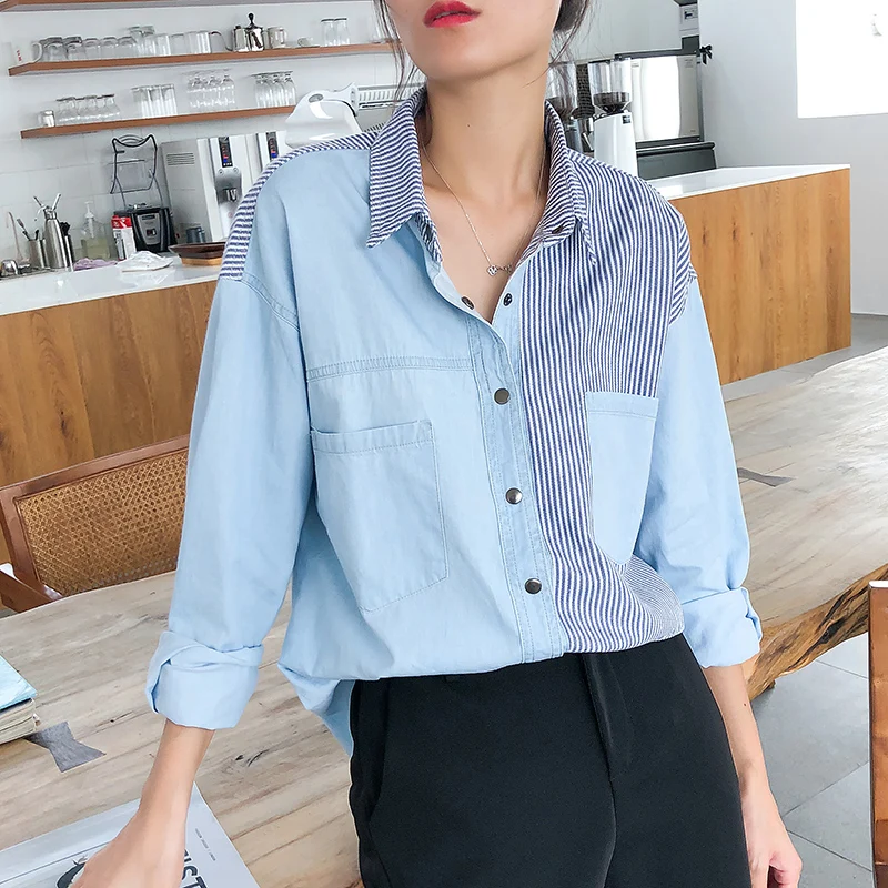 

Autumn Loose Long Denim Shirt Woman Casual Outwear Patchwork Striped Ladies Tops Long Sleeve Button Up Shirts Women Jean Blouses