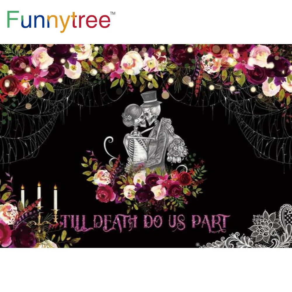 

Funnytree Day of the Dead Mexico Skull Flowers Halloween Party Black Background Bridal Death Spider Web Candlestick Backdrop