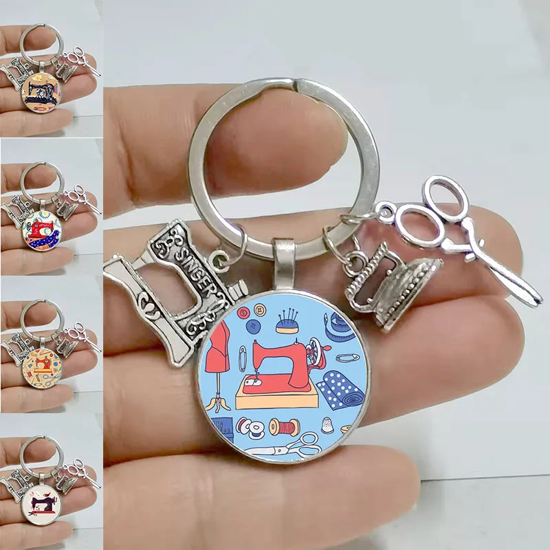 2022 New Alloy Key Chain Retro Sewing Machine Key Chain Scissors Iron Key Chain Glass Round Art Picture Key Chain Handmade Jewel