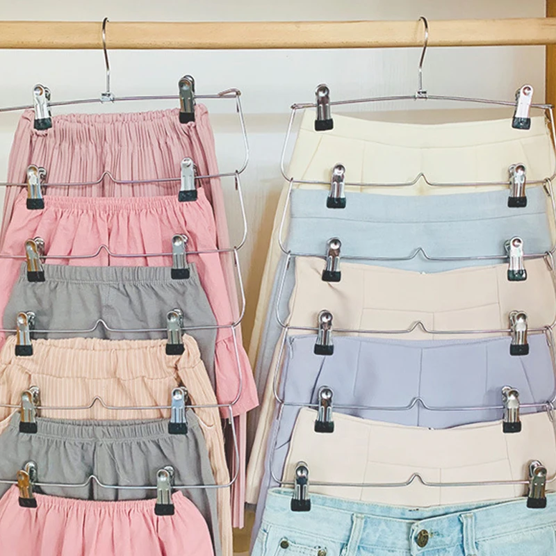 4/6-Tier Skirt Pants Shorts Hangers With Adjustable Clips Space Saving No Slip 12 Clips Clothing Storage Metal Skirt Rack