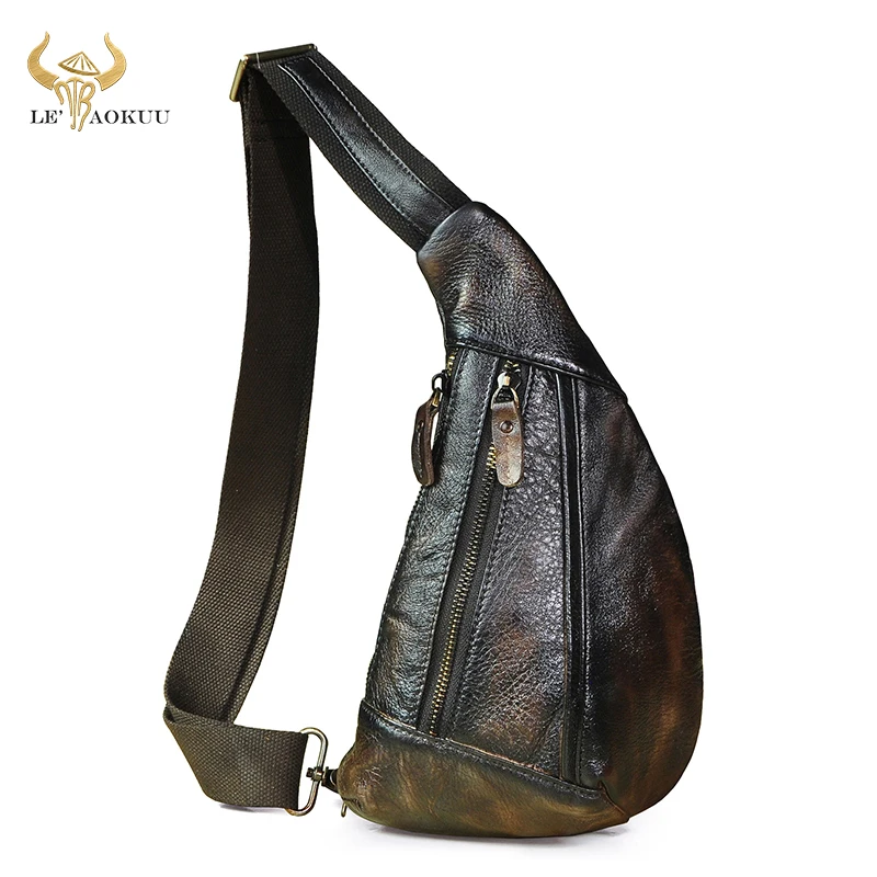 Hot SALE Mens Quality Leather Vintage Tringle Chest Pack Bag Design Male Sling Crossbody One Shoulder Bag Backpack Daypack 8807